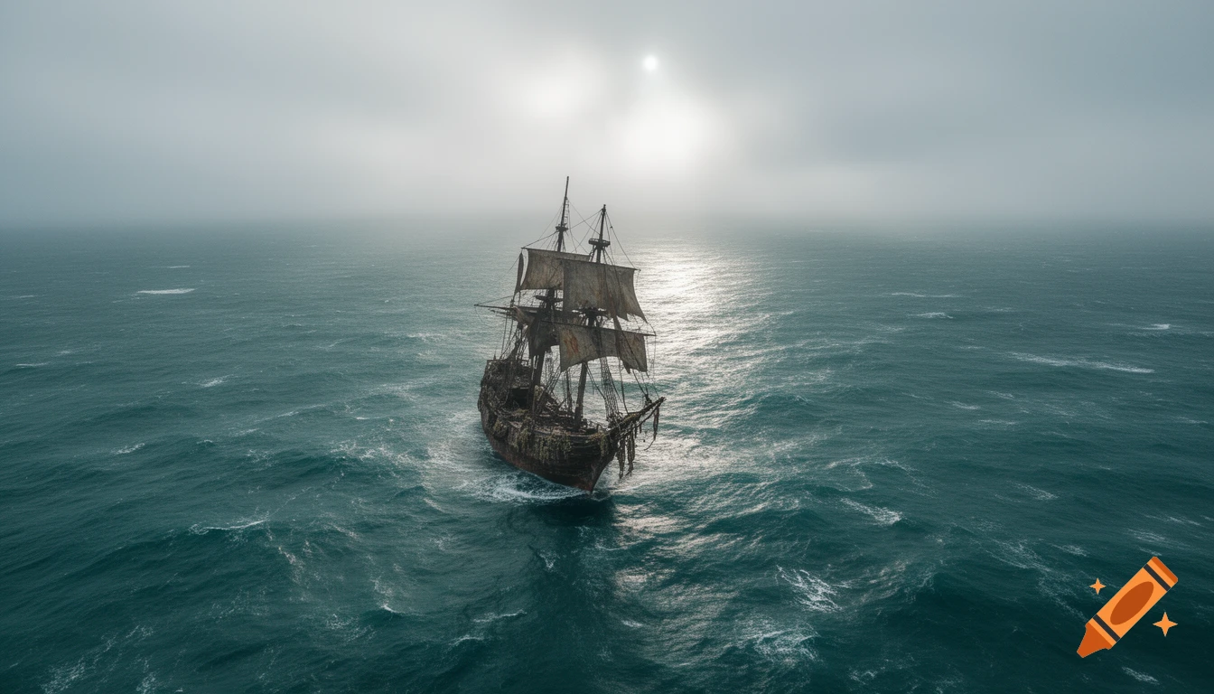 An old, weathered sailing ship drifts on a rough, dark green ocean under a bright, misty sky, seen from above.