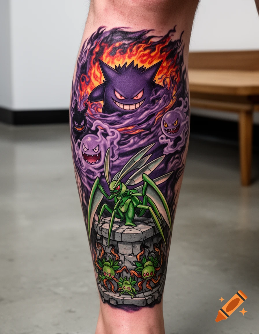 Vibrant neo-traditional Pokémon tattoo on a man's calf, featuring Gengar with flames, Scyther on a stone base, and small plant creatures.