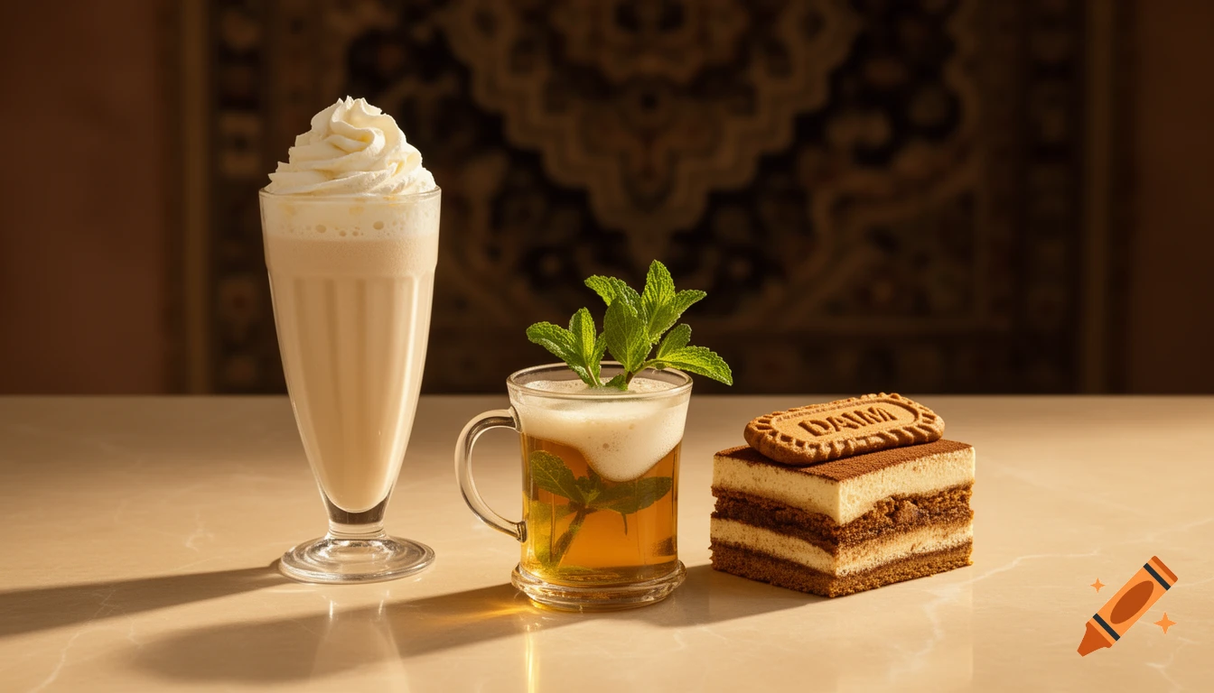 A photorealistic flat lay of a vanilla milkshake, Moroccan mint tea, and a speculoos tiramisu on a marble surface.