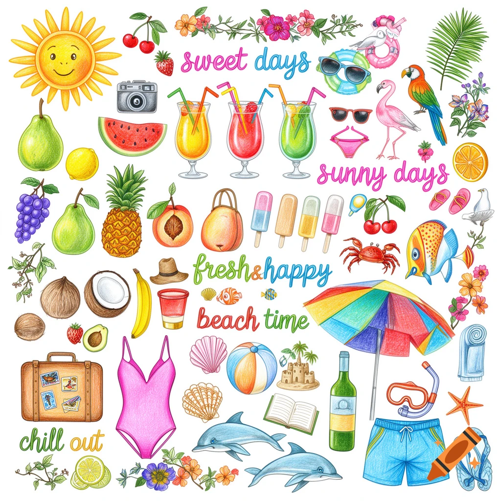 A vibrant collection of summer-themed clipart in a hand-drawn colored pencil style, featuring fruits, beach items, and text phrases.
