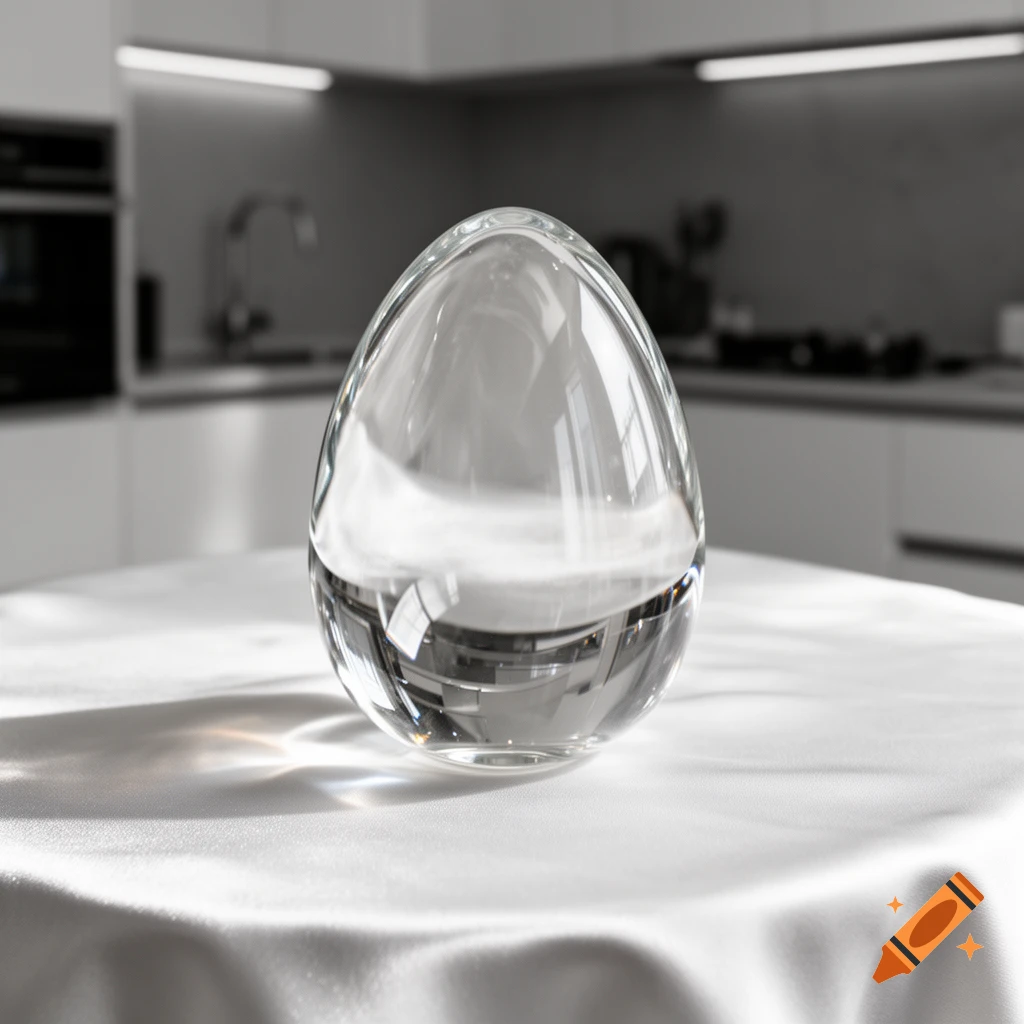 A clear glass egg-shaped object sits on a white tablecloth, with a blurred modern kitchen in the background.