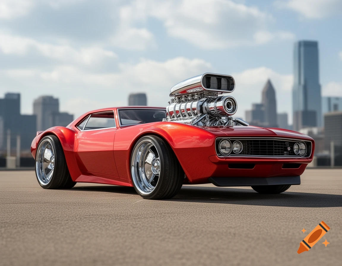 A red custom hot rod with a massive chrome engine protruding from its hood and large chrome wheels, on asphalt with a city skyline.