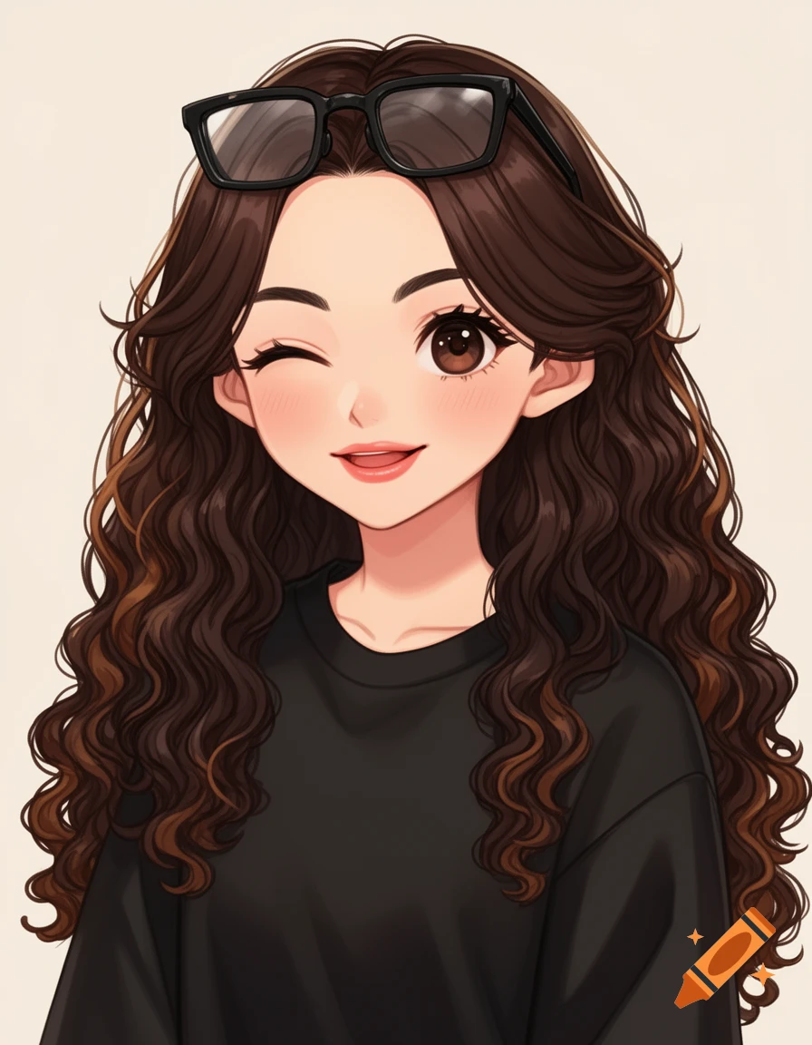 An anime portrait of a girl with long curly brown hair and glasses on her head, winking and smiling in a black shirt.