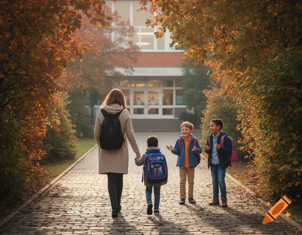 A woman and three children walk down a tree-lined path towards a school building in autumn.