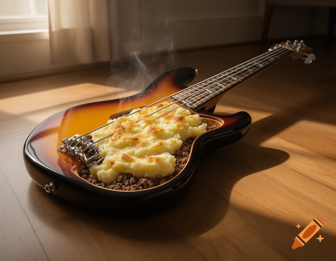 A sunburst bass guitar is filled with steaming shepherd's pie, resting on a wooden floor near a sunlit window.