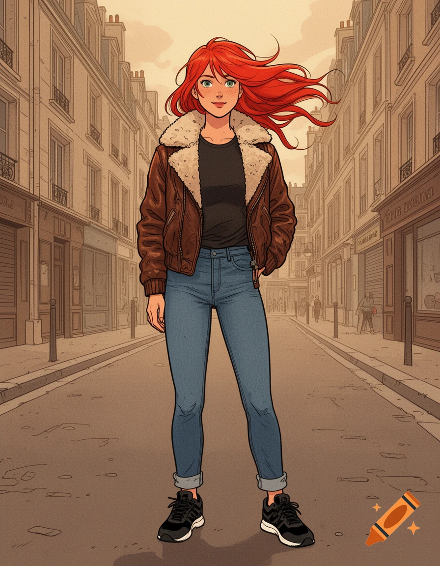 A redheaded woman in a leather jacket and jeans stands confidently in a comic book style urban street scene.