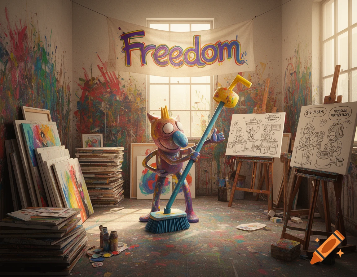 A whimsical, cartoonish creature with a long blue nose and yellow crown-like hair holds a broom in a vibrant, paint-splattered art studio. A 'Freedom' banner hangs in the background, with other paintings on easels and stacked canvases.