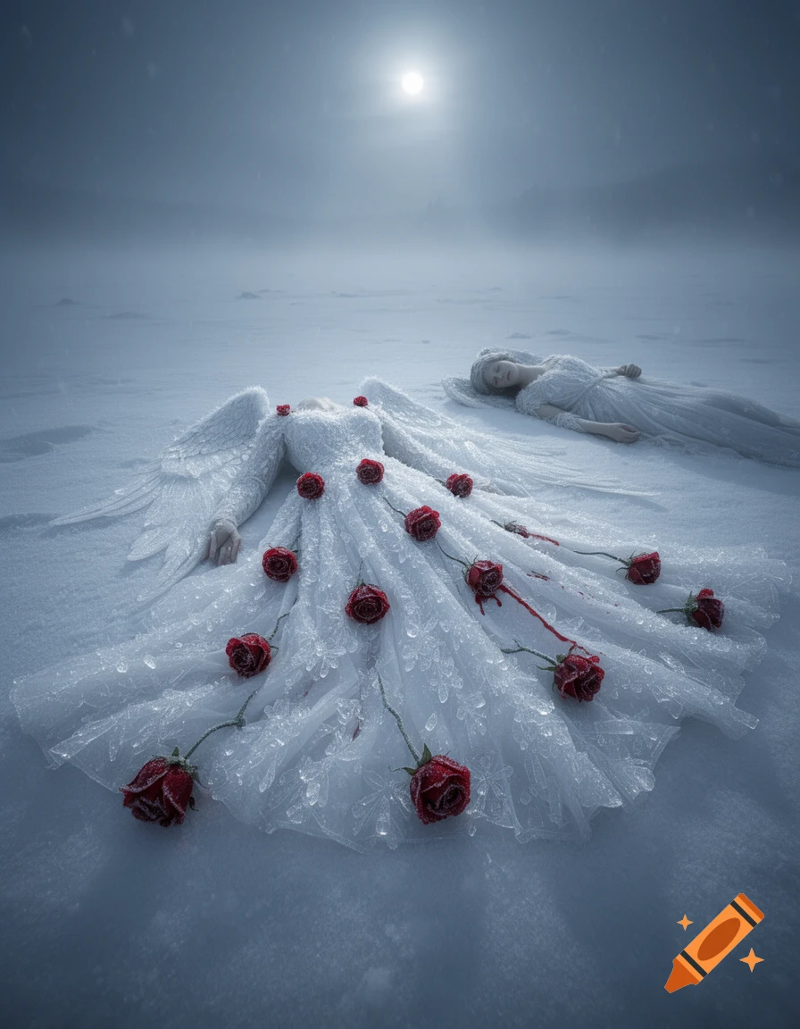 Two figures in white dresses, one with angel wings and red roses, lie in a vast snowy landscape under a full moon.