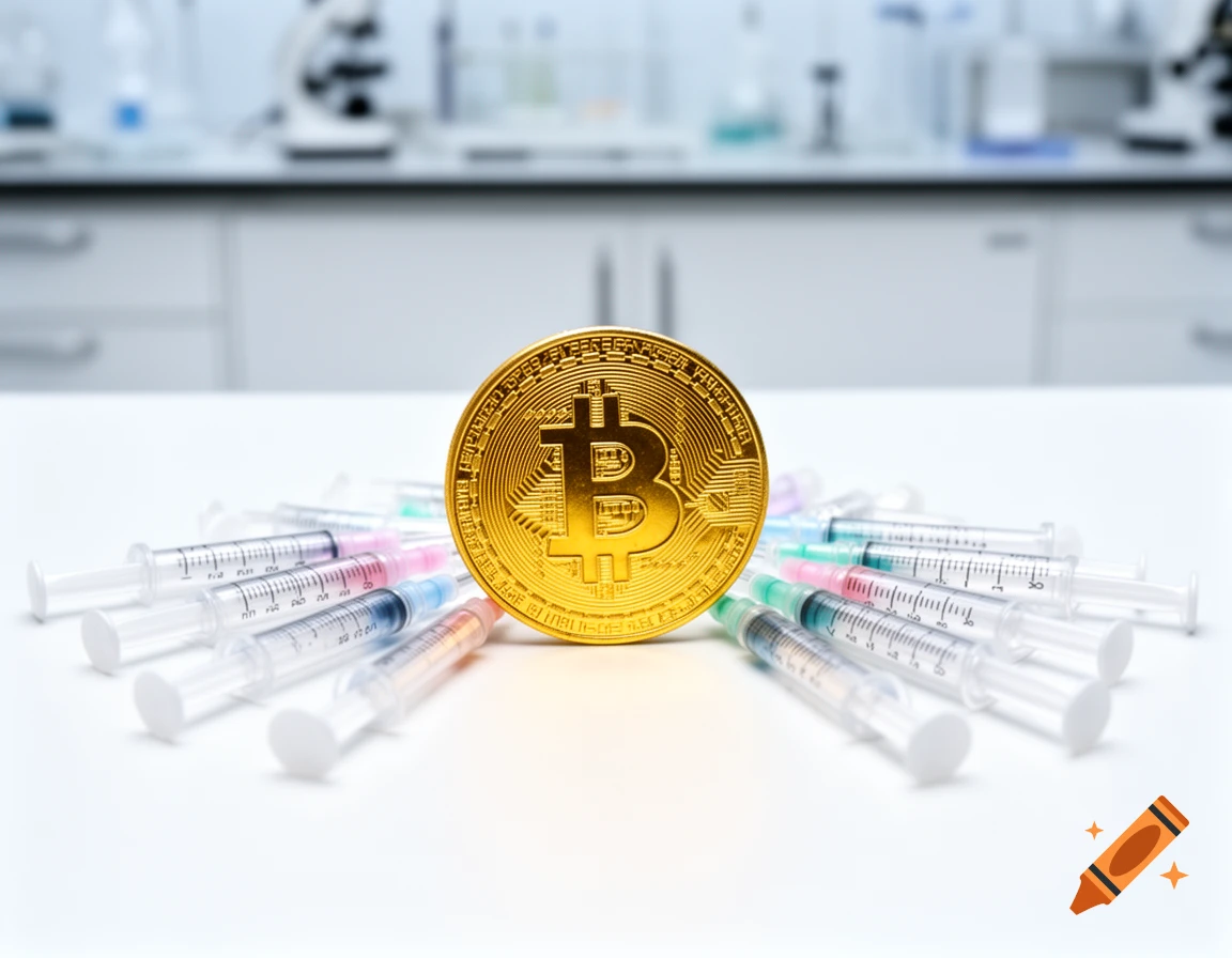 A golden Bitcoin coin stands upright surrounded by medical syringes with colorful caps on a white lab counter, with a blurred lab background.