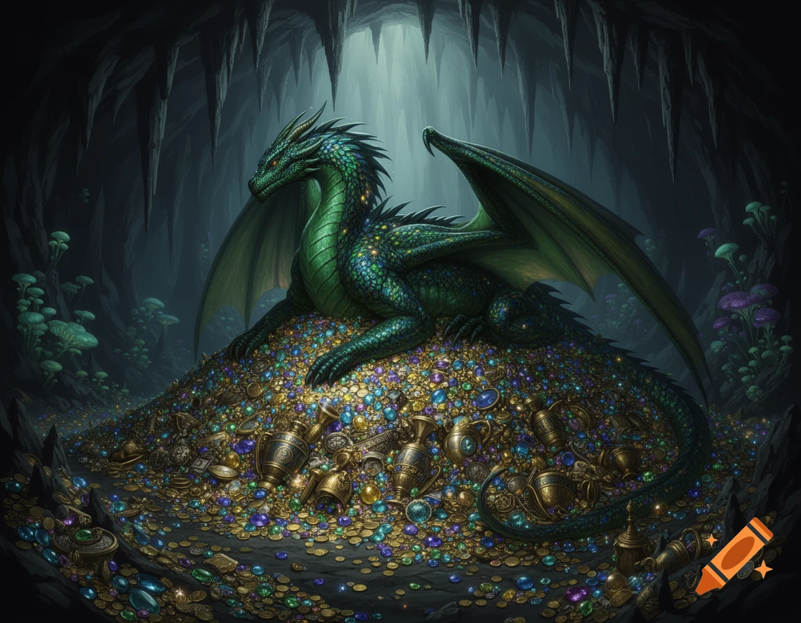 A large green dragon with prominent scales lies majestically on a glittering pile of gold coins and colorful gems inside a dark cave.