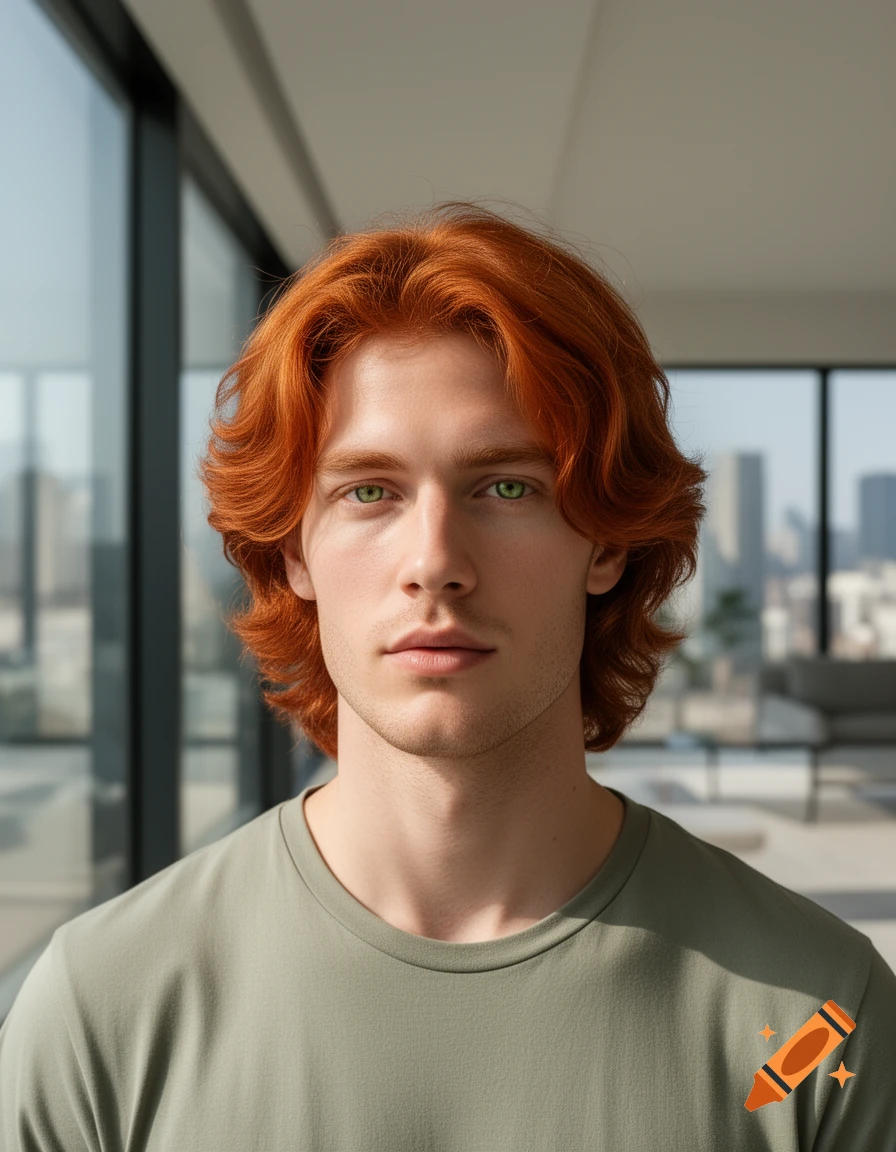 Photorealistic portrait of a young man with red hair and green eyes in a modern room with city view.