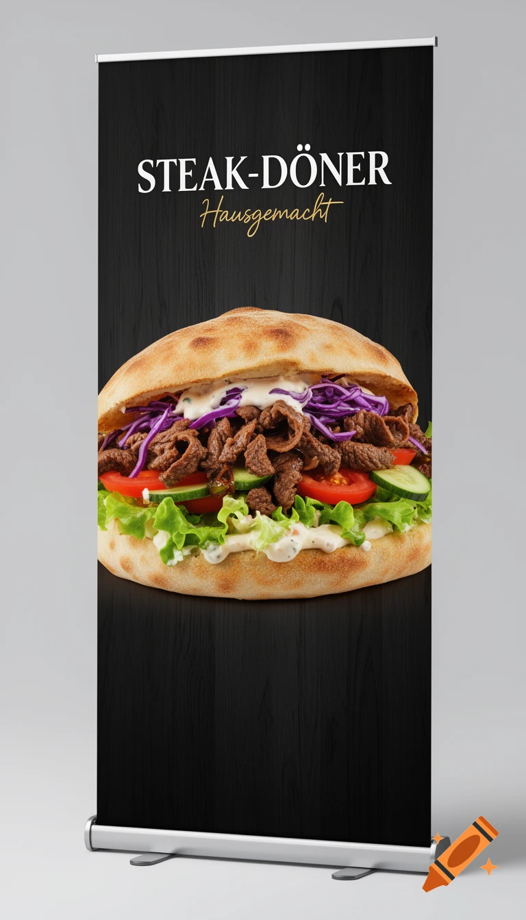 Photorealistic steak döner kebab in flatbread on a black roll-up banner with "STEAK-DÖNER Hausgemacht" text.