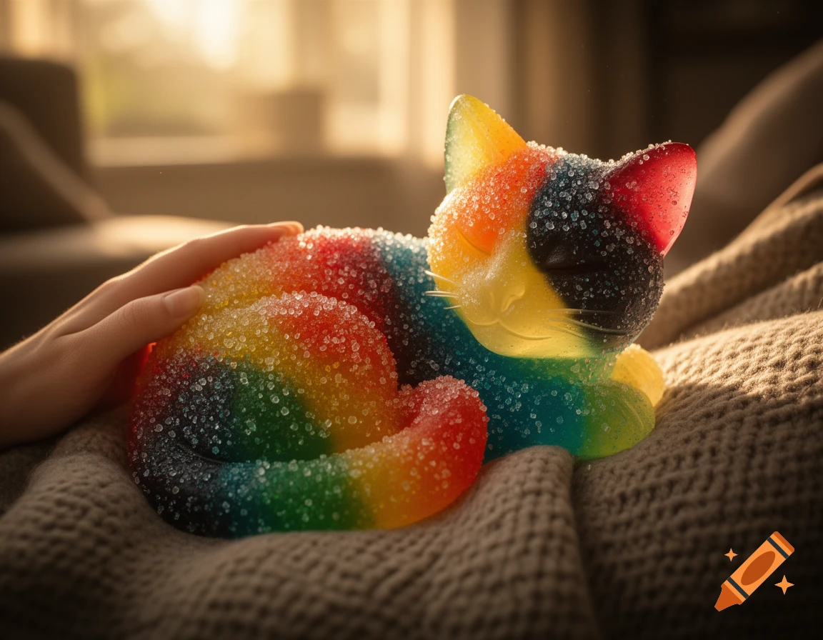 A photorealistic rainbow-colored gummy cat, covered in sparkling sugar crystals, is gently petted on a cozy blanket in warm sunlight.