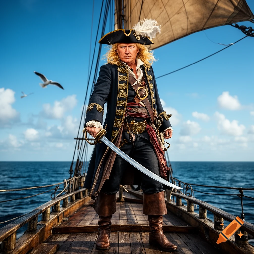Donald Trump dressed as a pirate, holding a sword on a ship deck with the ocean and sky in the background.