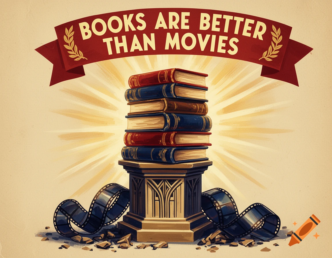 Vintage illustration: stack of books on a pedestal with a film strip and a banner reading 'BOOKS ARE BETTER THAN MOVIES'.
