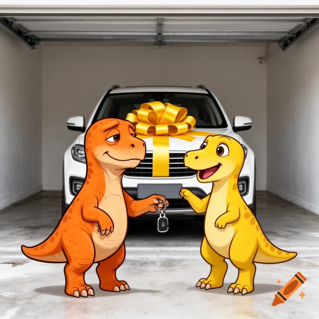 A cartoon orange dinosaur hands a car key to an excited yellow dinosaur in a garage with a white SUV topped with a yellow gift bow.