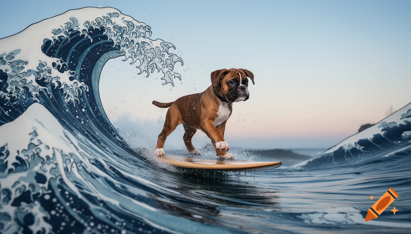 A brown and white boxer puppy surfs a large, stylized wave, reminiscent of Hokusai's art, under a pastel sky.