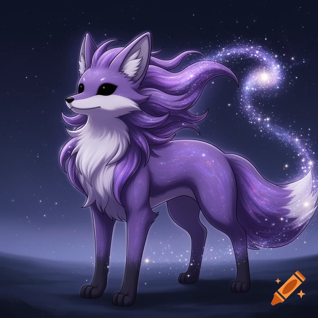 A majestic purple fox-like Pokemon with dark eyes, a flowing mane, and a sparkling galaxy tail, set against a starry night sky.