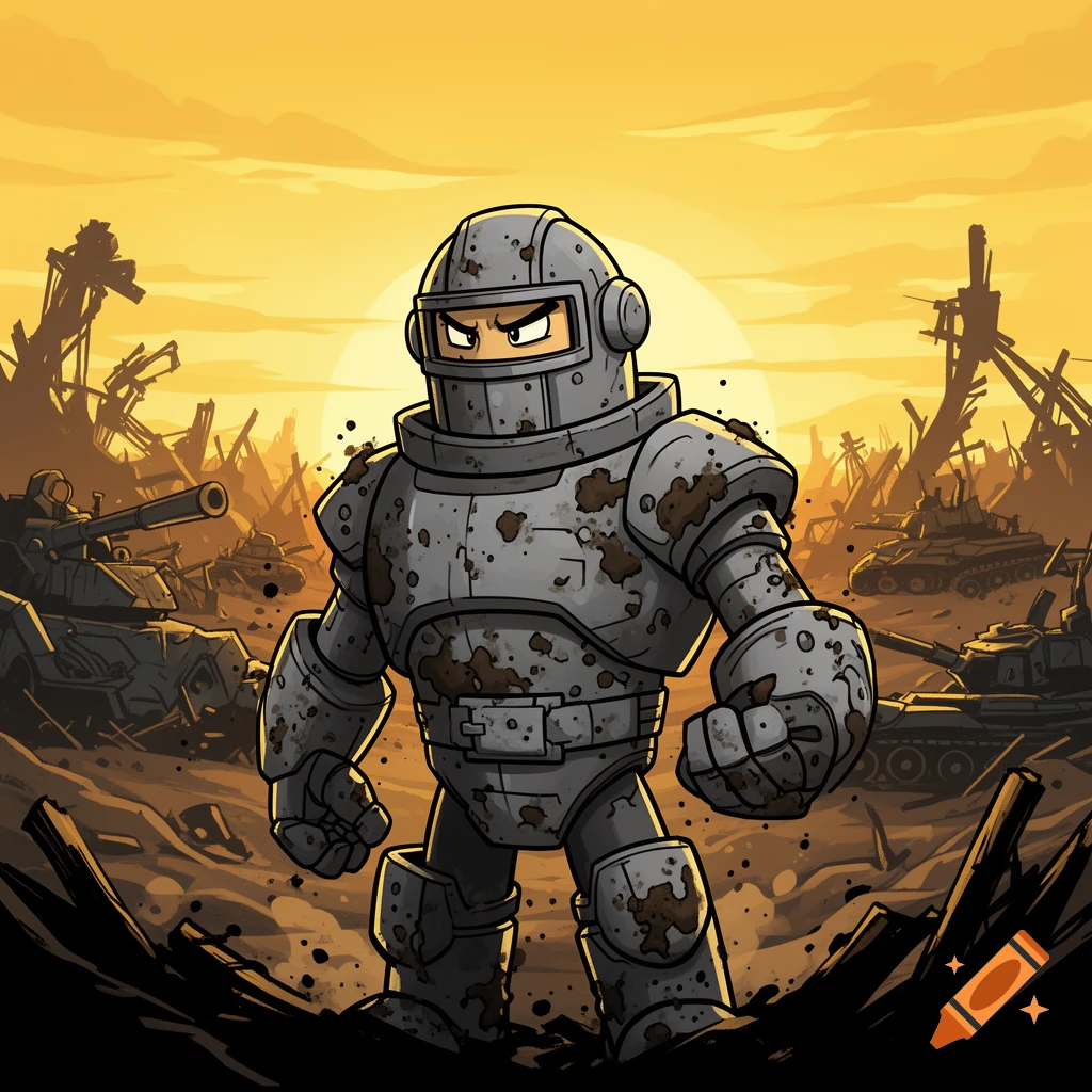 A cartoony Tankman-like robot soldier stands in a war-torn desert landscape at sunset, surrounded by destroyed tanks and debris.