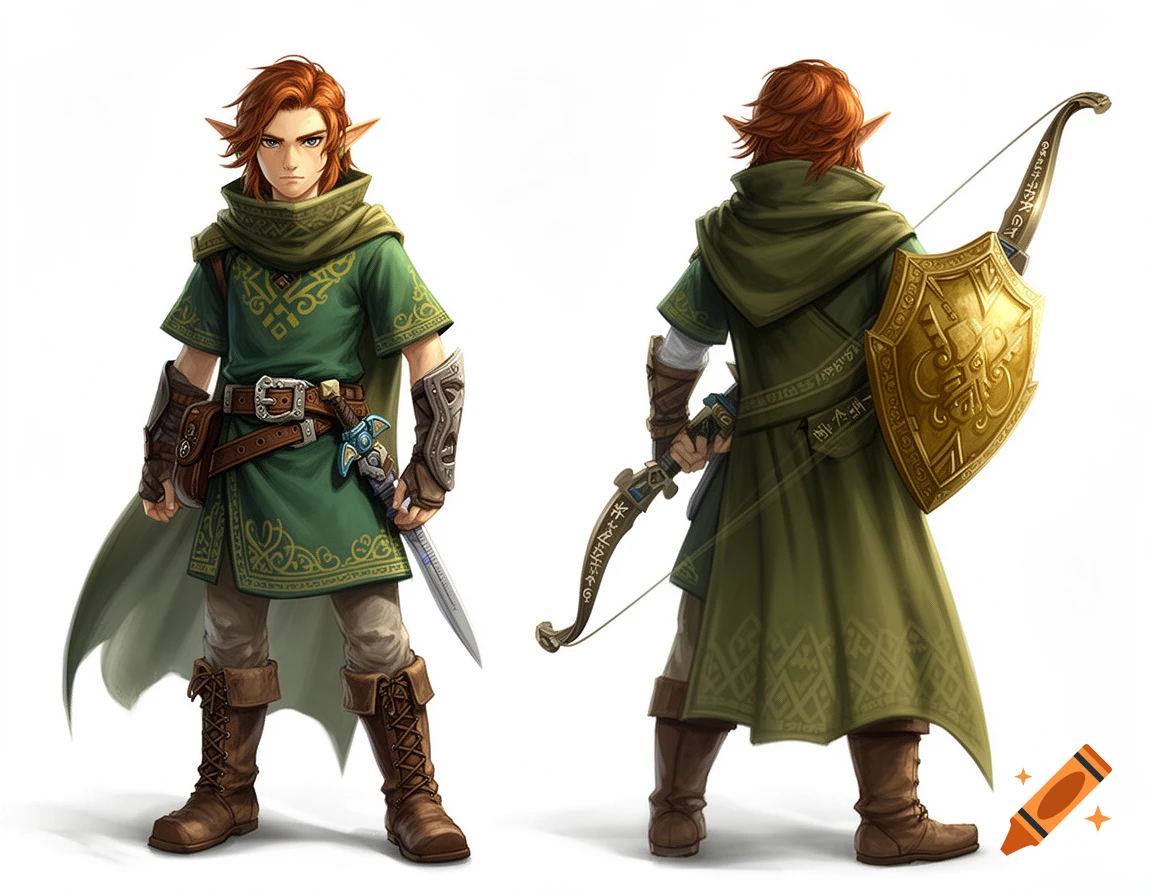 Fantasy character with red hair, green tunic, bow, sword, and golden shield, shown front and back on white.