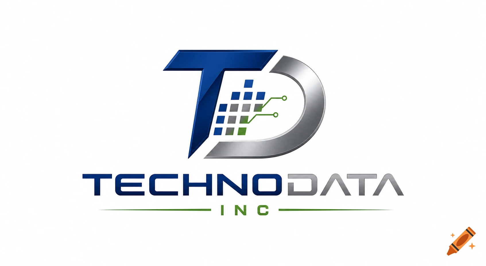 Technodata Inc. logo featuring a blue T, metallic D with pixelated elements and green circuit lines.