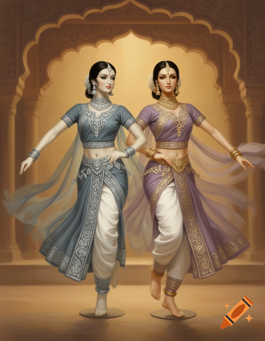 Two mannequins in traditional dusty blue and lavender Indian dance outfits with elaborate jewelry, posing under an arched walkway.
