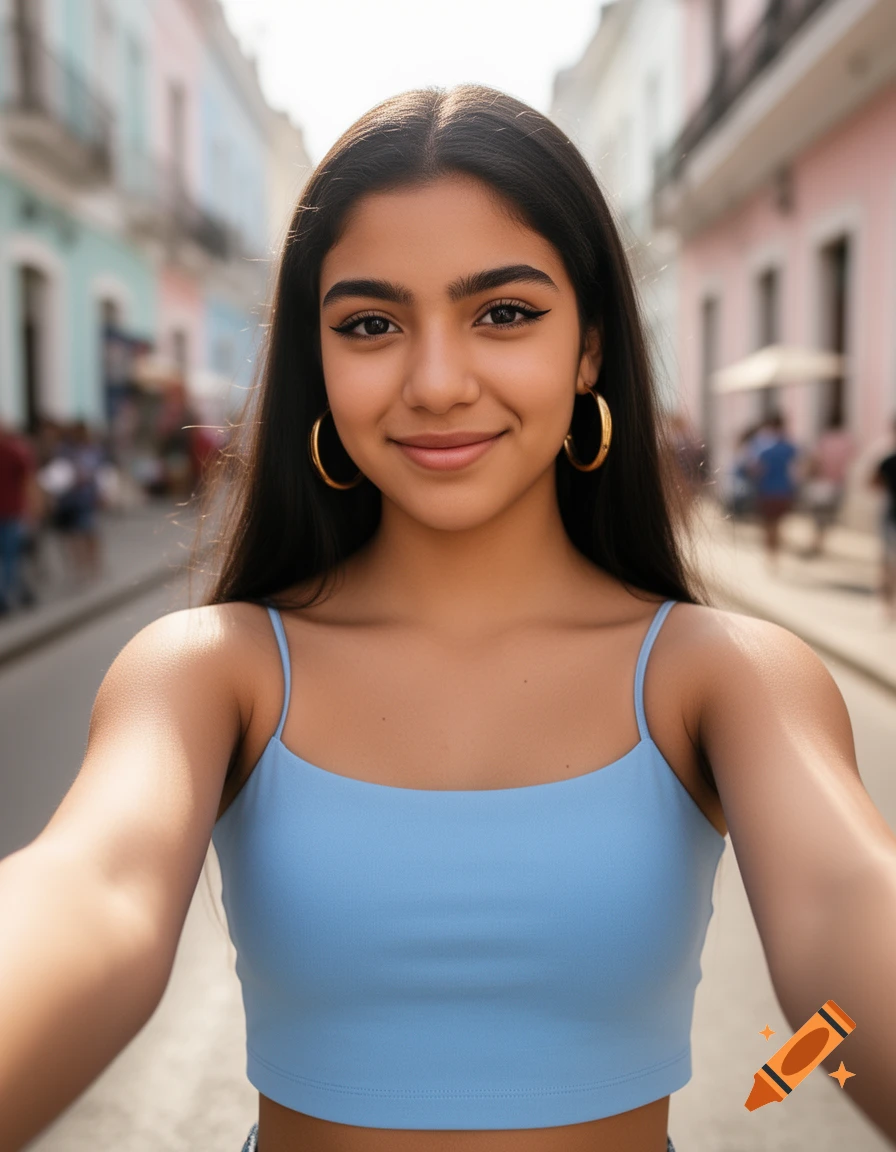 A young Hispanic woman wearing a light blue crop top and hoop earrings takes a selfie on a vibrant street.