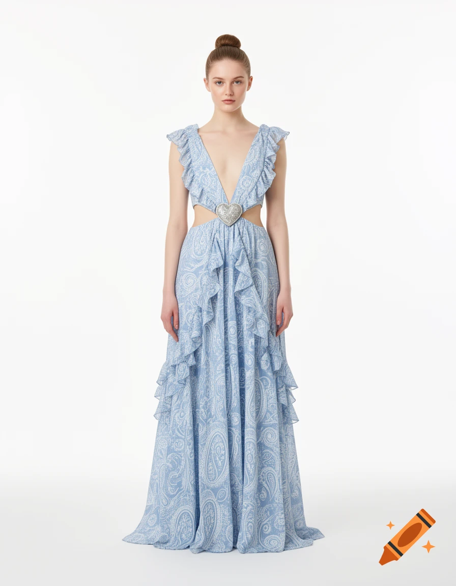A model stands wearing a light blue paisley-print maxi dress with a deep V-neck, ruffles, cutouts, and a silver heart buckle.