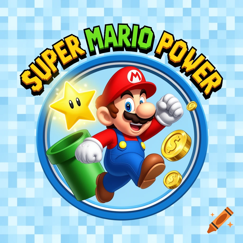 Cartoon logo of Super Mario running with a star, coins, and a pipe in a blue circle, text 'SUPER MARIO POWER'.