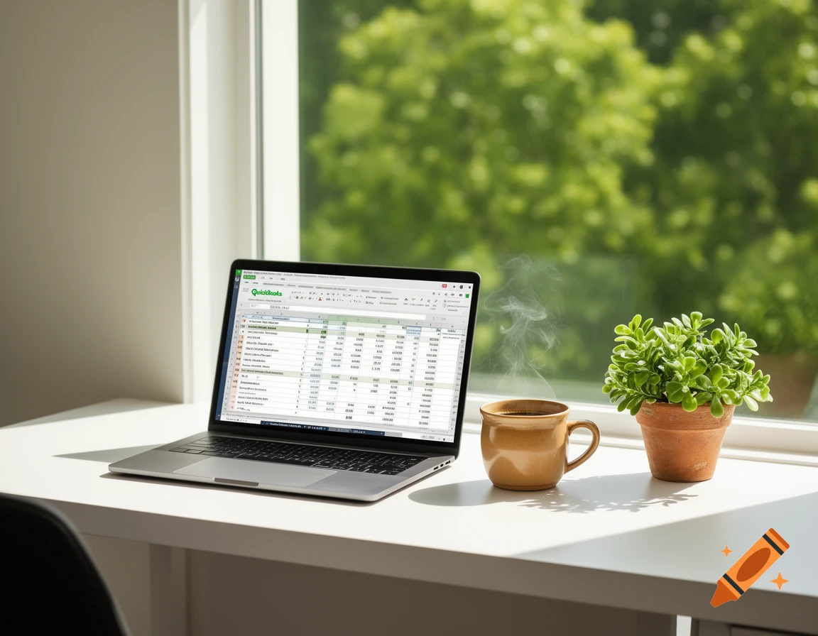 Bright home office desk with a laptop displaying a spreadsheet, a steaming coffee mug, and a potted succulent by a window with green trees.