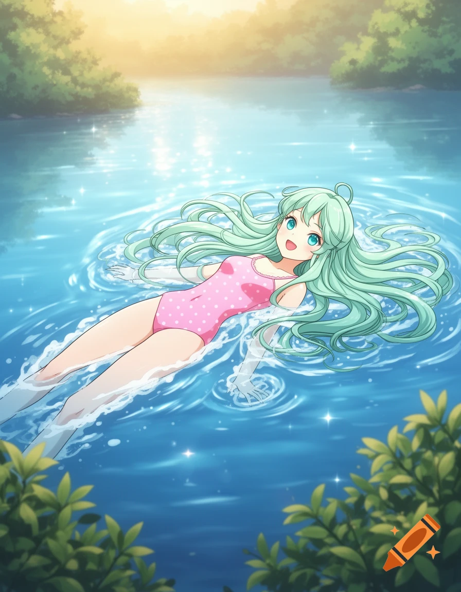 Smiling anime girl with mint green hair floats on her back in a bright blue lake, wearing a pink polka dot swimsuit.