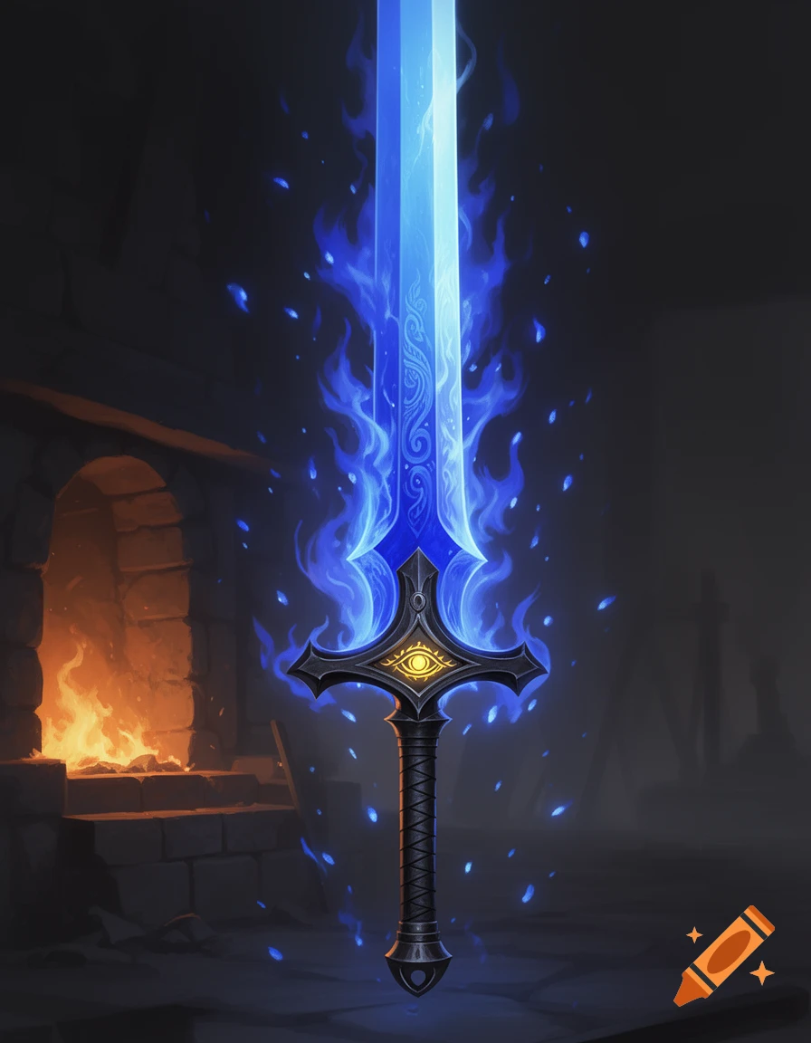 A glowing electric blue and sapphire greatsword with a golden eye symbol on its crossguard, floating in a dark, smoky forge with a burning furnace.