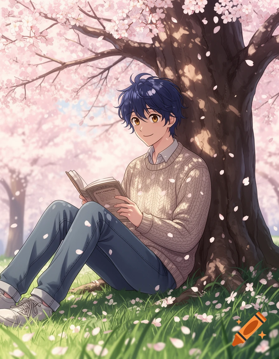 An anime boy with dark blue hair sits under a cherry blossom tree, reading a book and smiling in a spring park scene.
