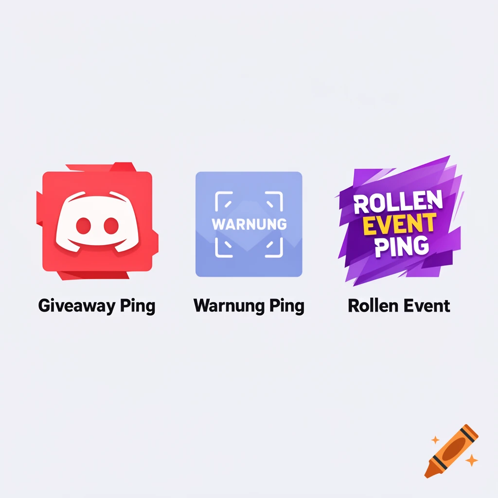 Three Discord-style app icons: a red one for 'Giveaway Ping', a blue one for 'Warnung Ping' with a warning symbol, and a purple one for 'Rollen Event Ping'.