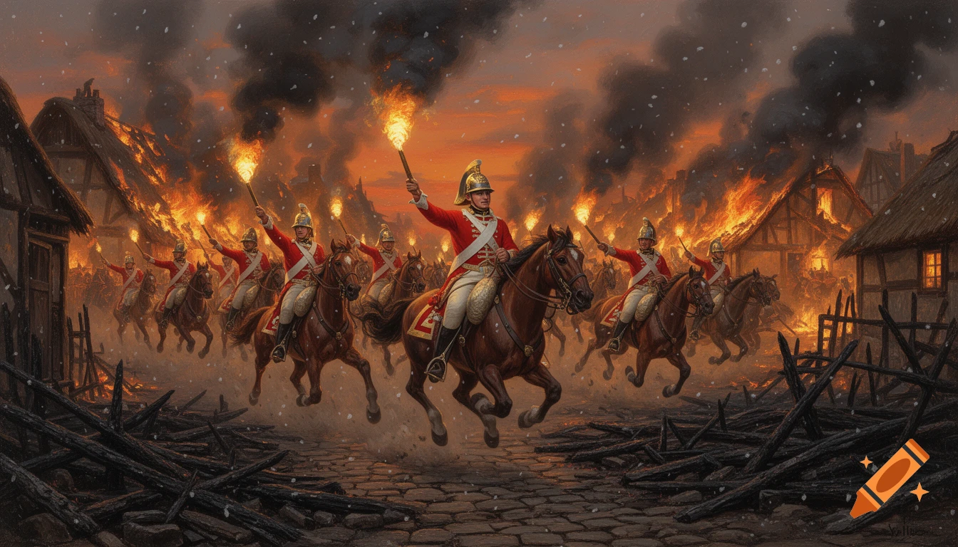 Realistic painting of 18th-century British cavalrymen on horseback with torches, riding through a burning village under a smoky sky.