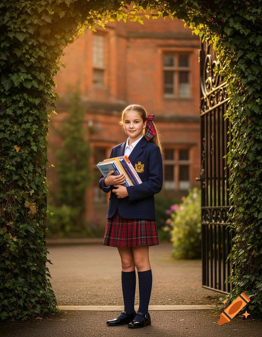 A young British schoolgirl in uniform holds books, standing under an ivy archway with a brick building in the background.