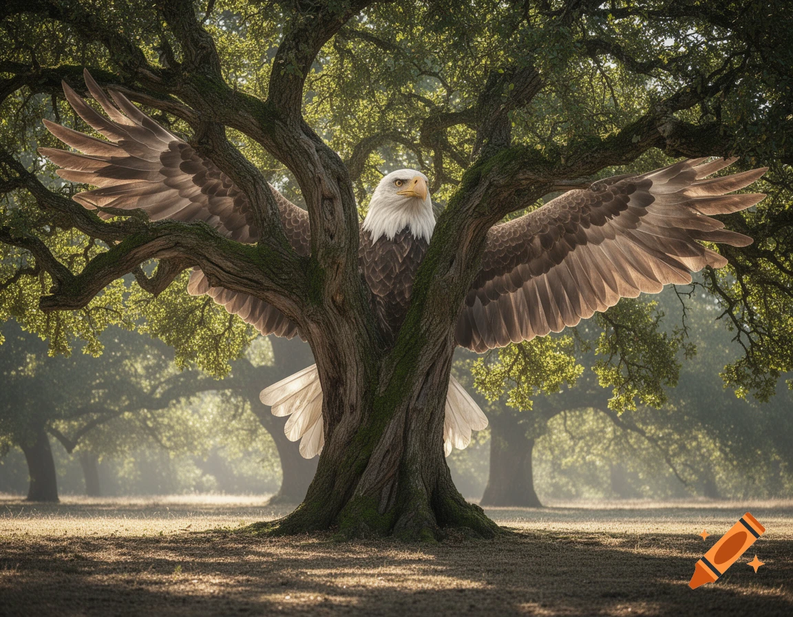 A photorealistic bald eagle with spread wings merges with the gnarled trunk of a large, leafy tree in a sunlit forest.