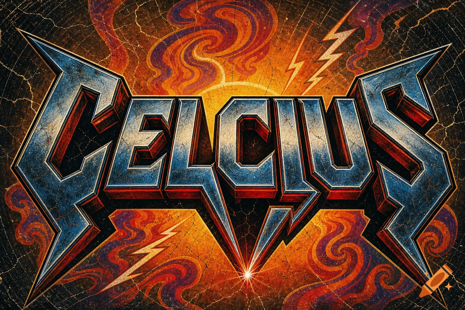 1970s progressive hard rock logo for CELCIUS with distressed metallic text on a fiery, crackled background with lightning bolts.
