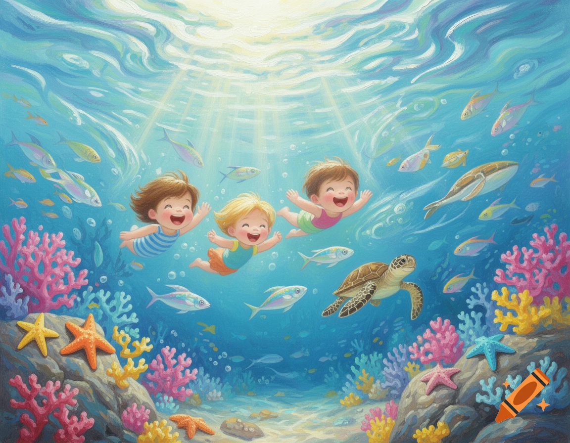Three happy cartoon children swim playfully underwater amidst colorful coral, fish, and sea turtles, in an oil painting style.