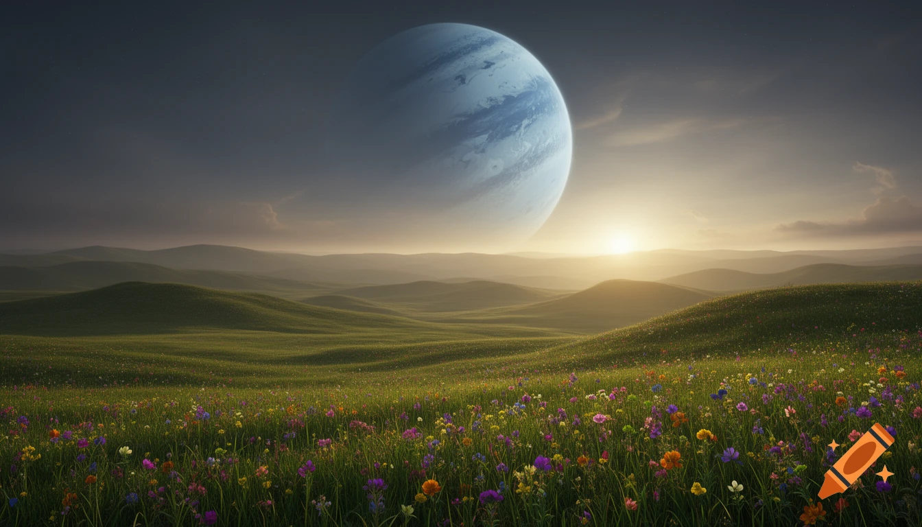 A photorealistic landscape with rolling green hills covered in colorful wildflowers, illuminated by a golden sunrise, with a large banded gas giant planet in the sky.