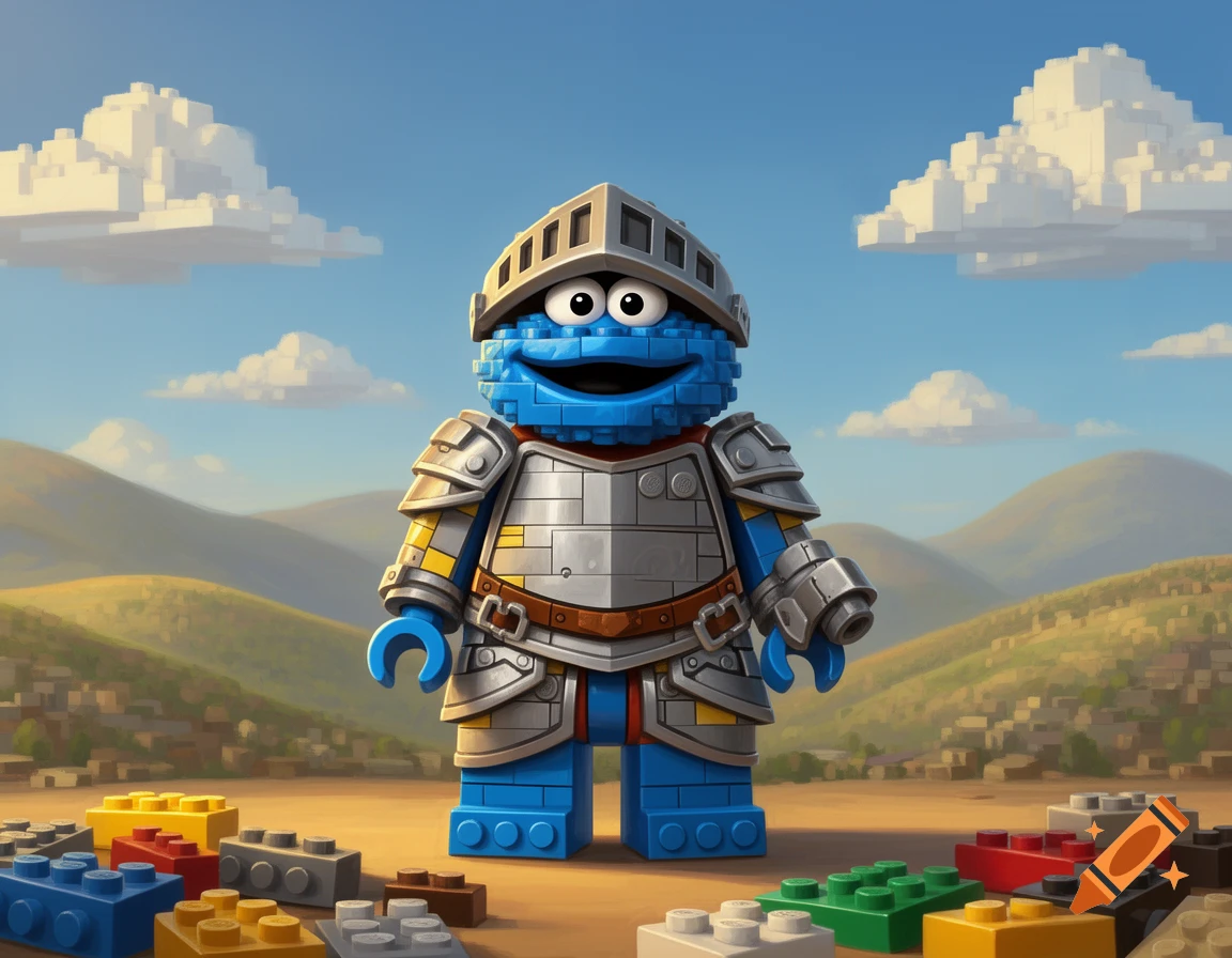 A Lego Cookie Monster knight in shining armor stands on a dirt ground with scattered Lego bricks, against a backdrop of pixelated hills and clouds in a cartoonish landscape.