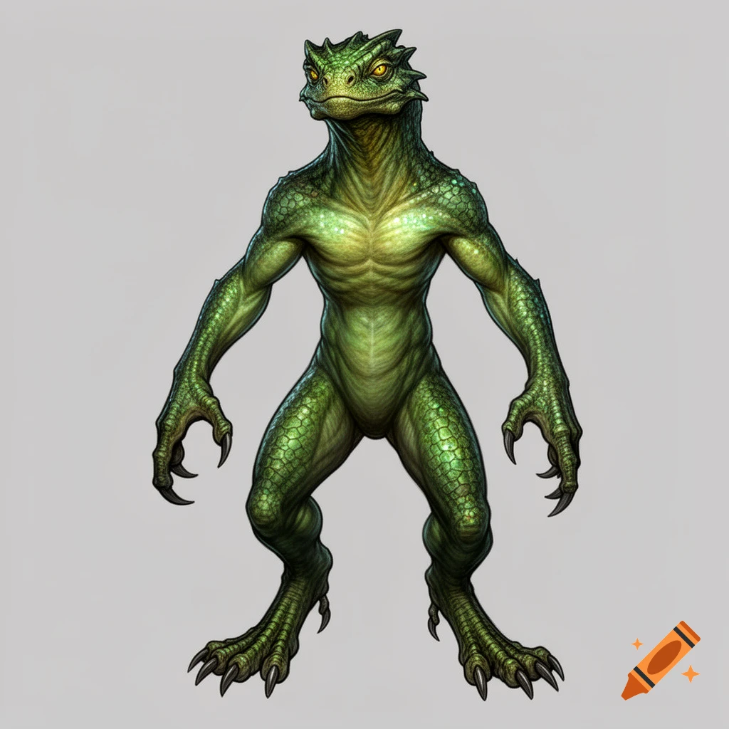 A bipedal reptilian creature with green scales, clawed hands and feet, and yellow eyes, standing upright in a fantasy art style.