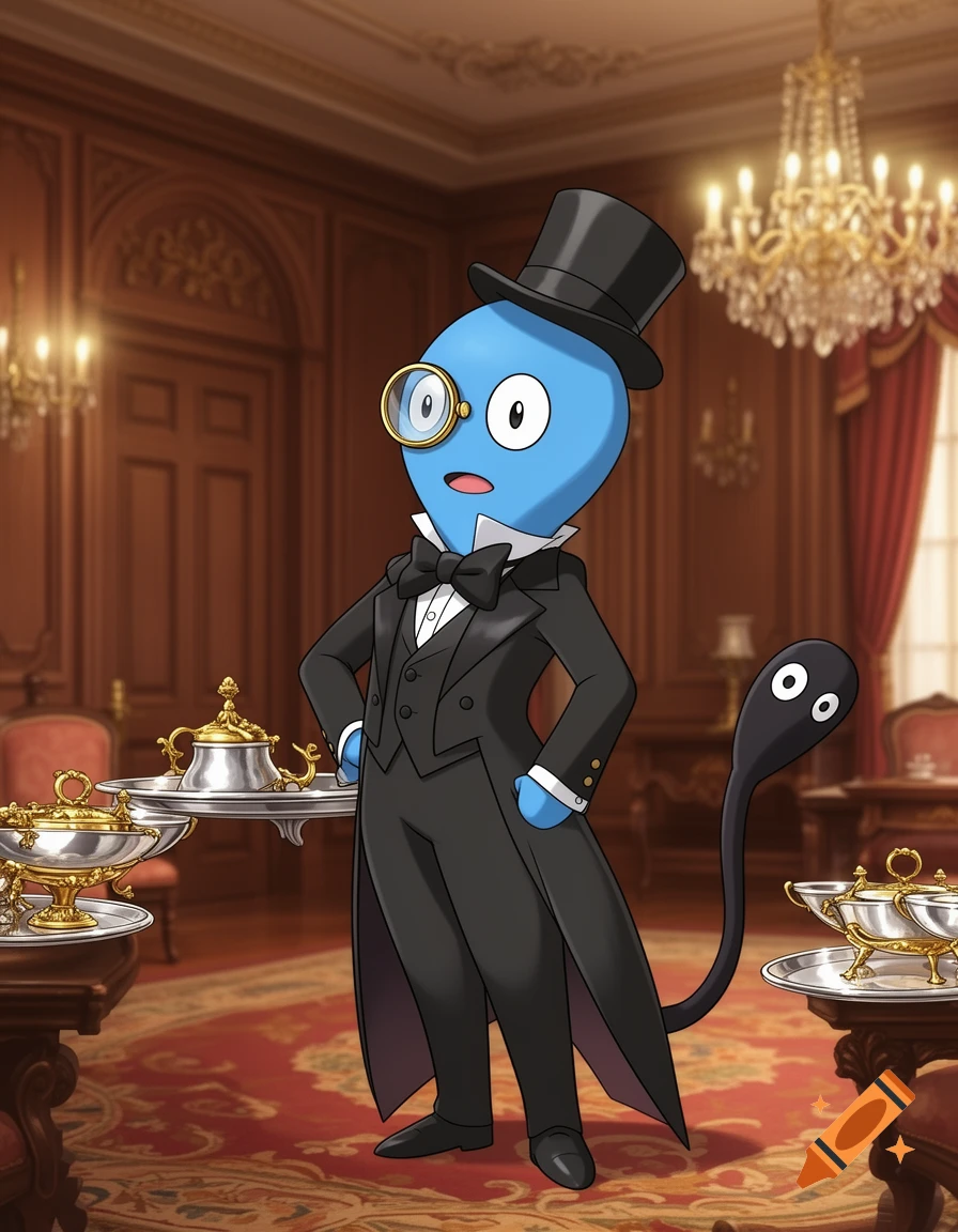 A Wobbuffet Pokemon butler in a black tuxedo, top hat, and monocle stands in an opulent room with chandeliers and tea sets.