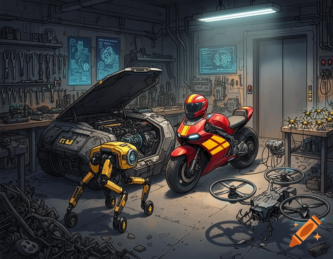 A detailed, hand-drawn cyberpunk mechanic's workshop features a futuristic car with an open hood, a red motorcycle, a yellow maintenance robot, and various drones and tools scattered around.