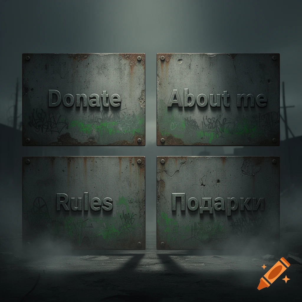 Four rusty concrete panels displaying 'Donate,' 'About me,' 'Rules,' and 'Подарки' in a dark, gritty, industrial setting.