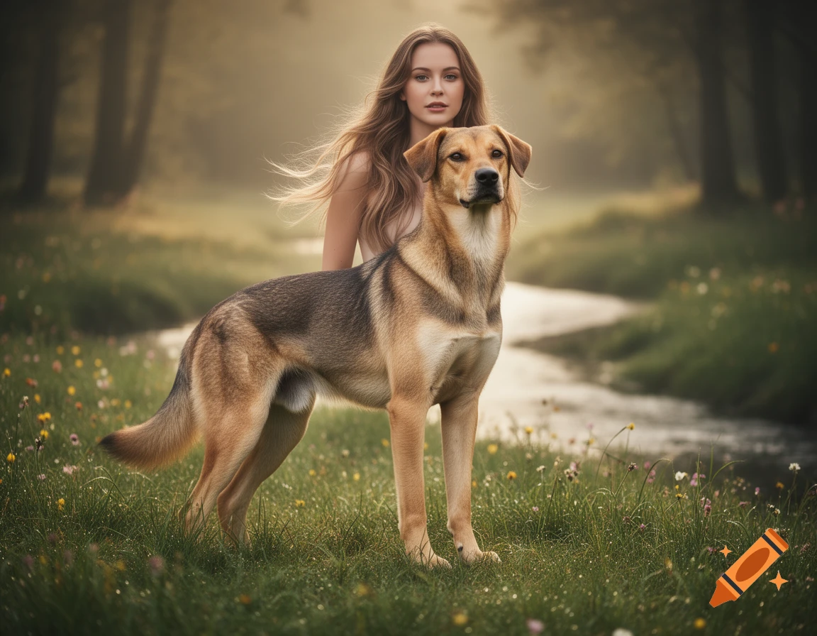 A photorealistic image of a woman standing behind a large dog in a grassy field with trees and a stream in the background.