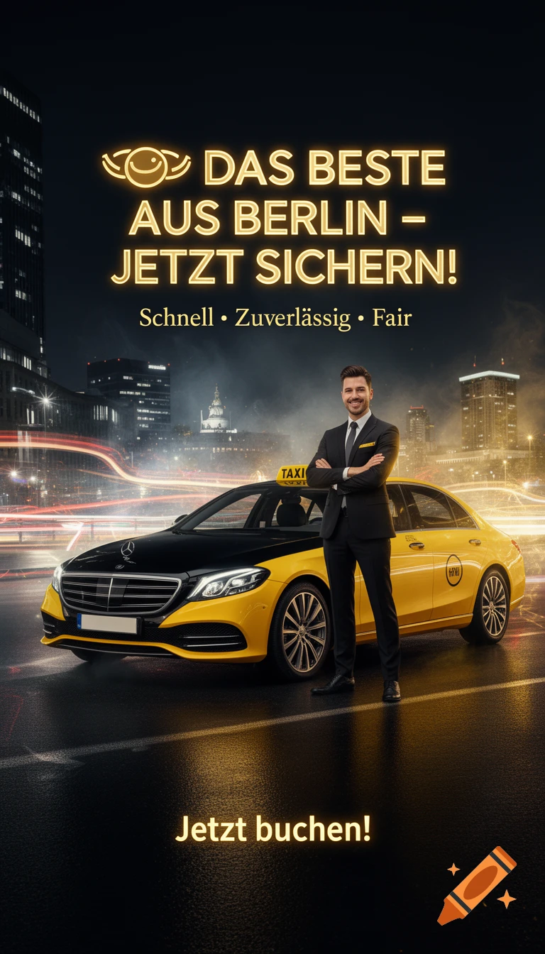 A smiling man in a suit stands next to a black and yellow taxi on a city street at night, with glowing advertising text.
