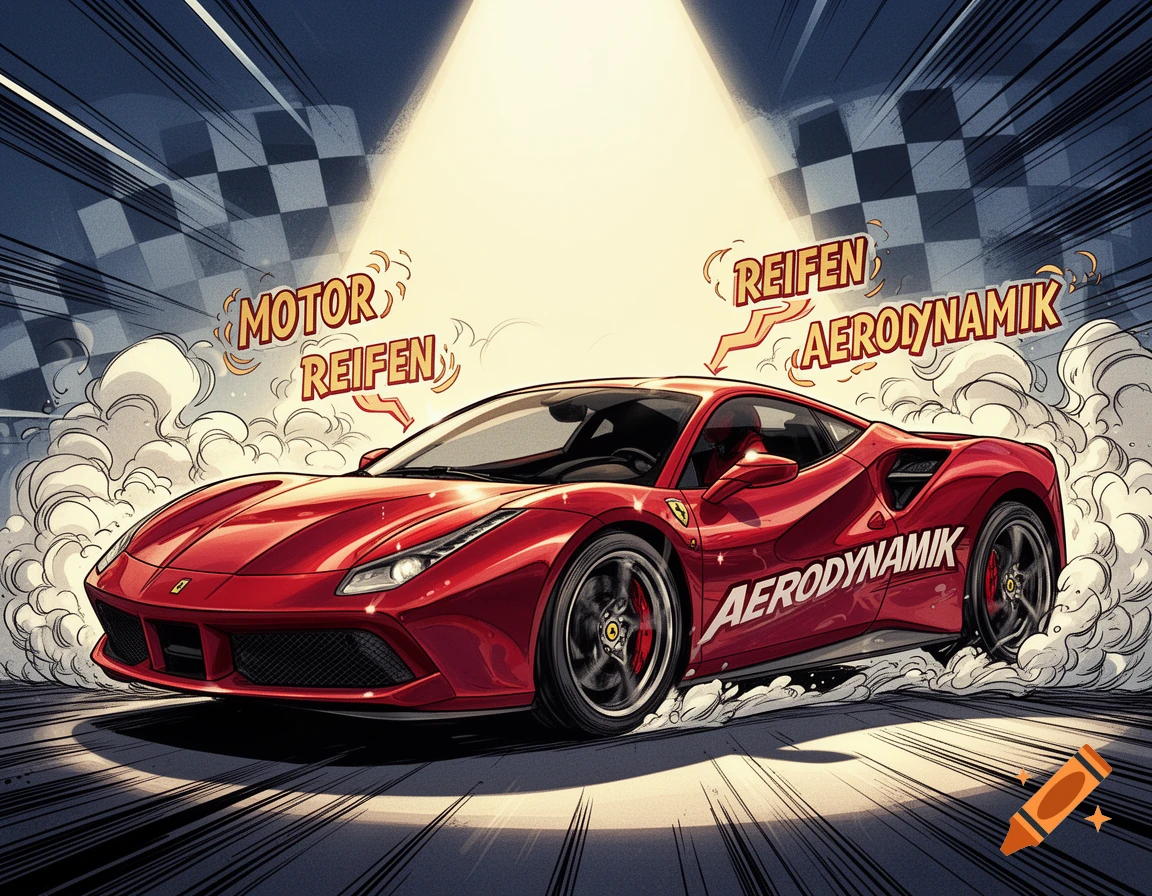 A red Ferrari sports car in comic art style, racing with smoke and text "MOTOR", "REIFEN", "AERODYNAMIK".