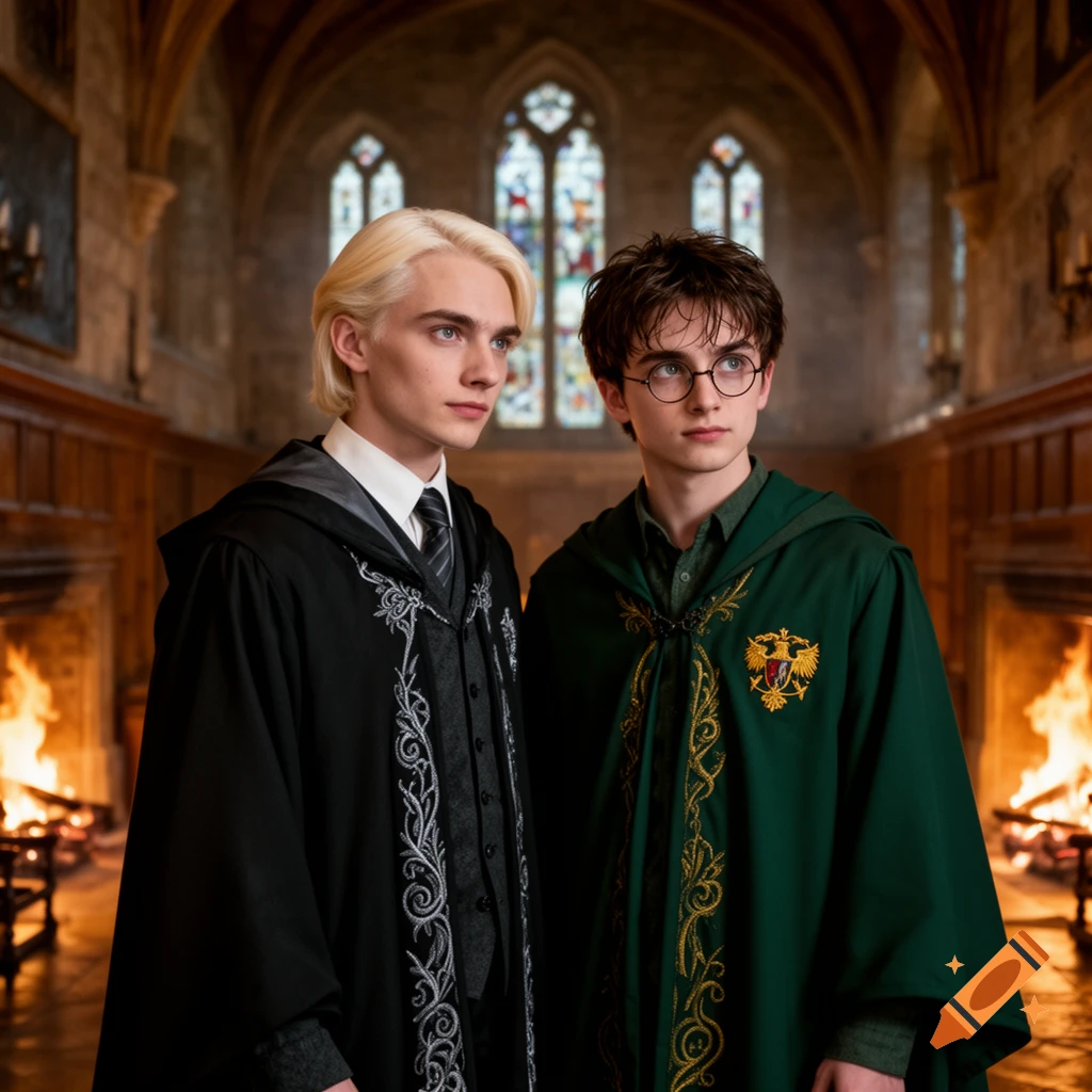Two young men in wizard robes, one blonde in black and one dark-haired in green, stand in a grand hall with stained-glass windows and fireplaces. Photorealistic.