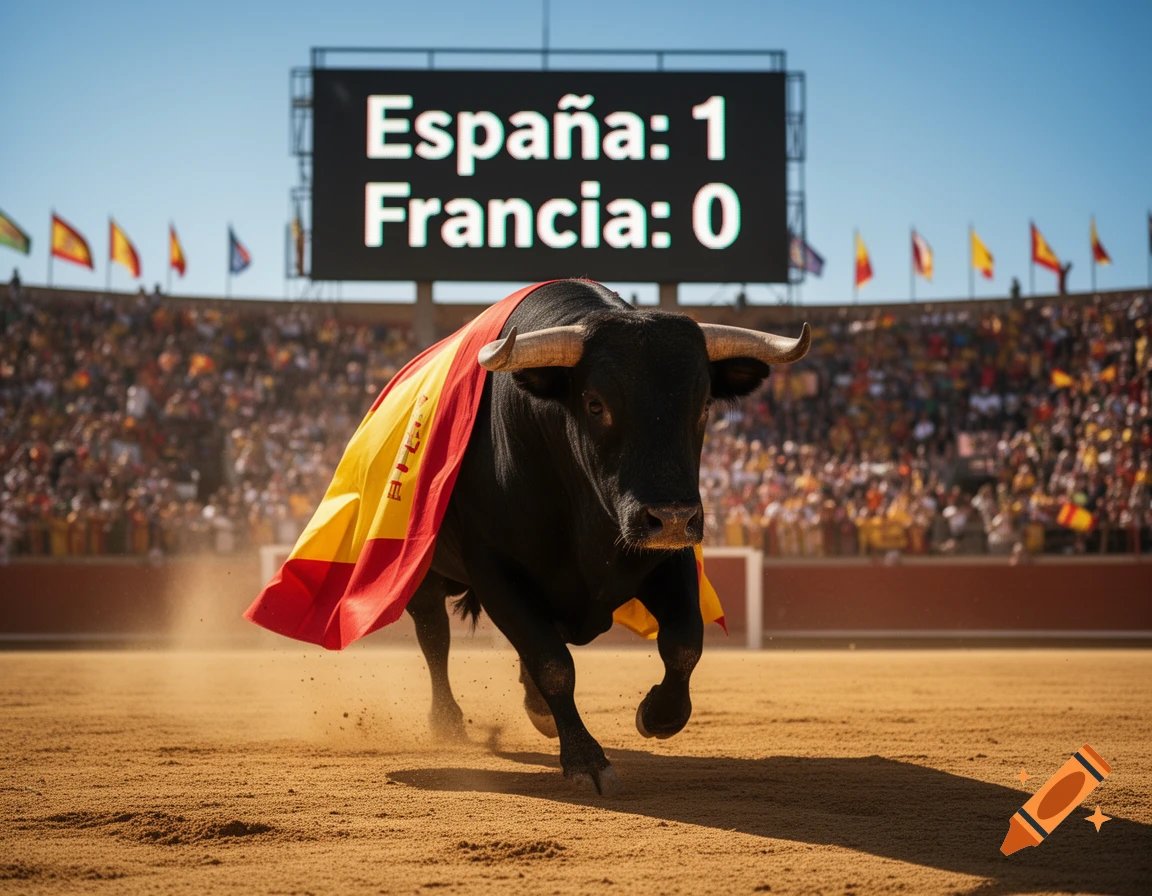 A black bull with a Spanish flag runs in a bullfighting arena, with a scoreboard displaying 'España: 1 Francia: 0'.